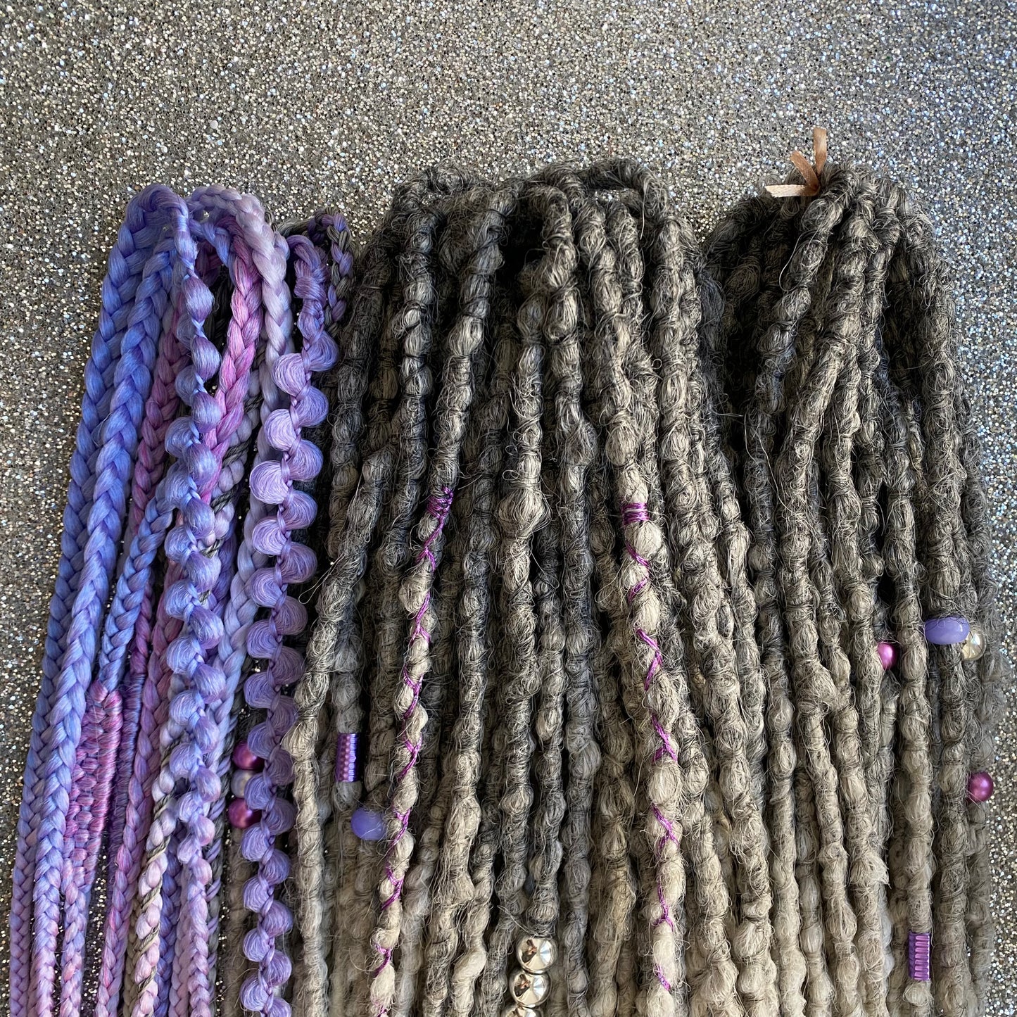 Synthetic Dreadlocks with Braids Gray to White Ombre Purple Accents
