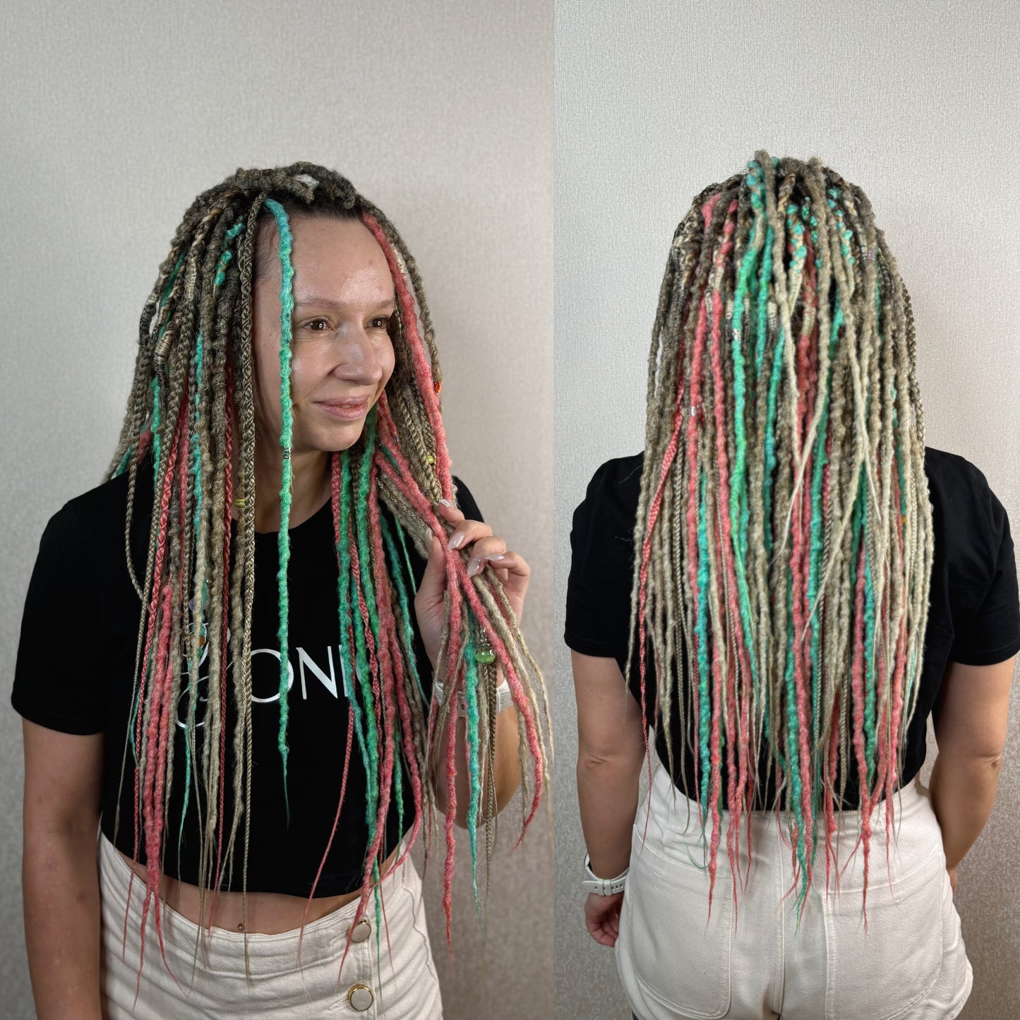 Synthetic Dreadlocks Sand Brown to Blonde Ombre with Coral and Mint
