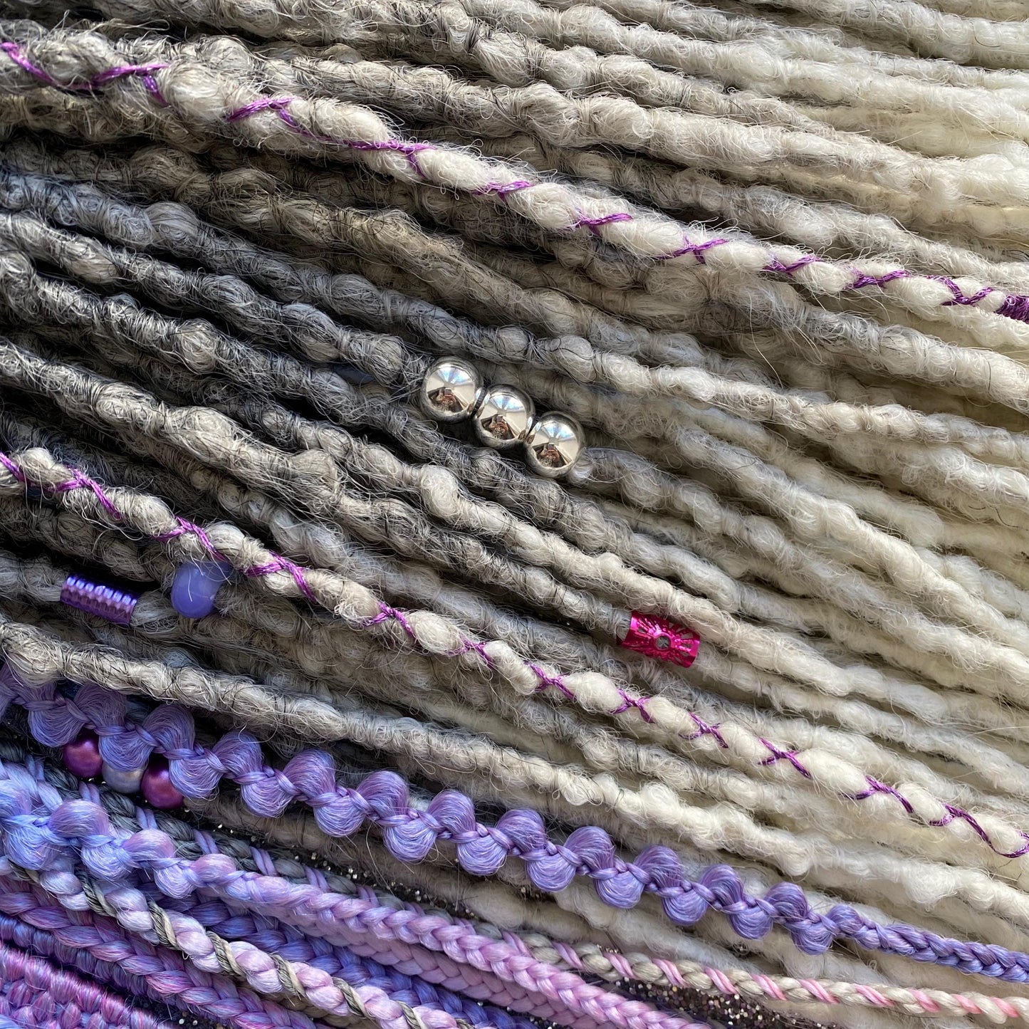 Synthetic Dreadlocks with Braids Gray to White Ombre Purple Accents