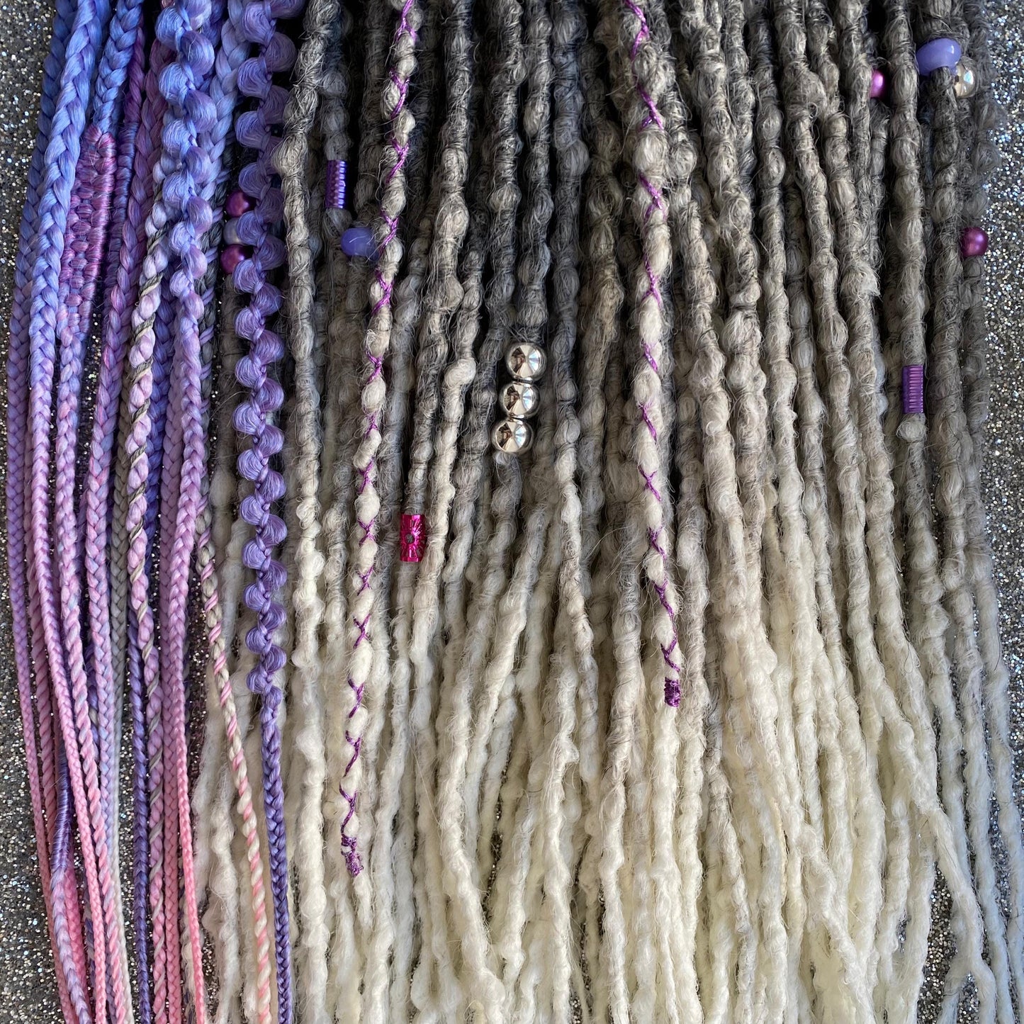 Synthetic Dreadlocks with Braids Gray to White Ombre Purple Accents
