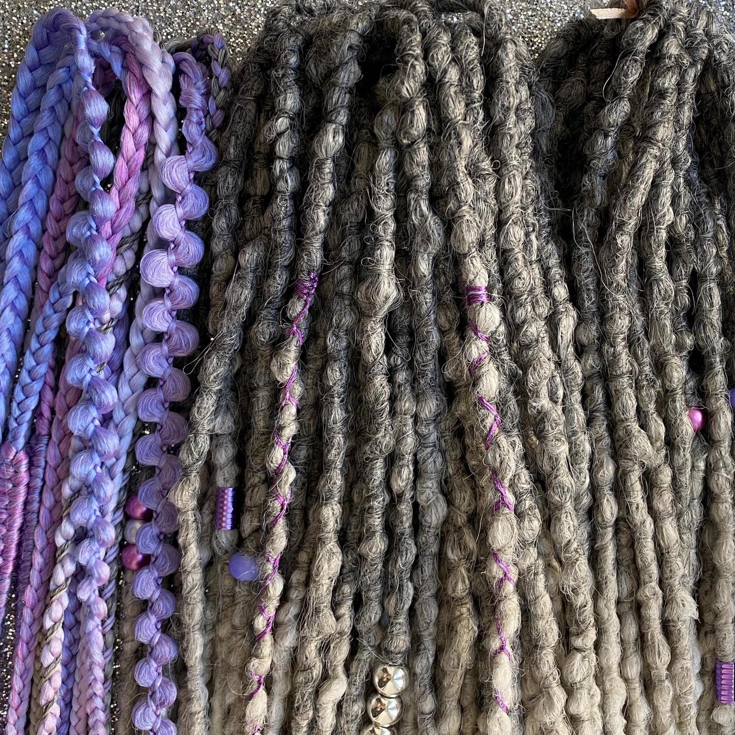 Synthetic Dreadlocks with Braids Gray to White Ombre Purple Accents