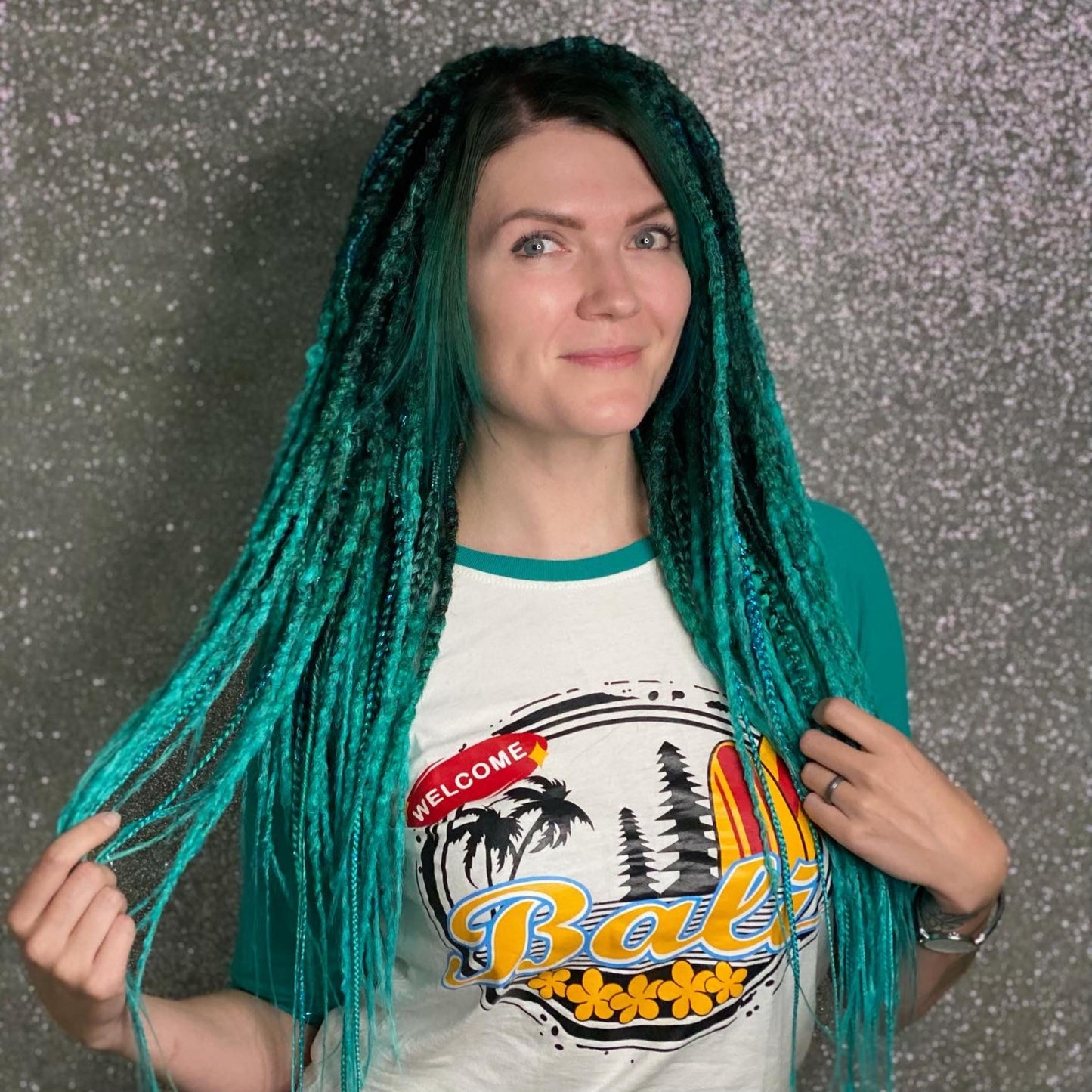 Synthetic Dreadlocks with Braids Dark Green to Turquoise