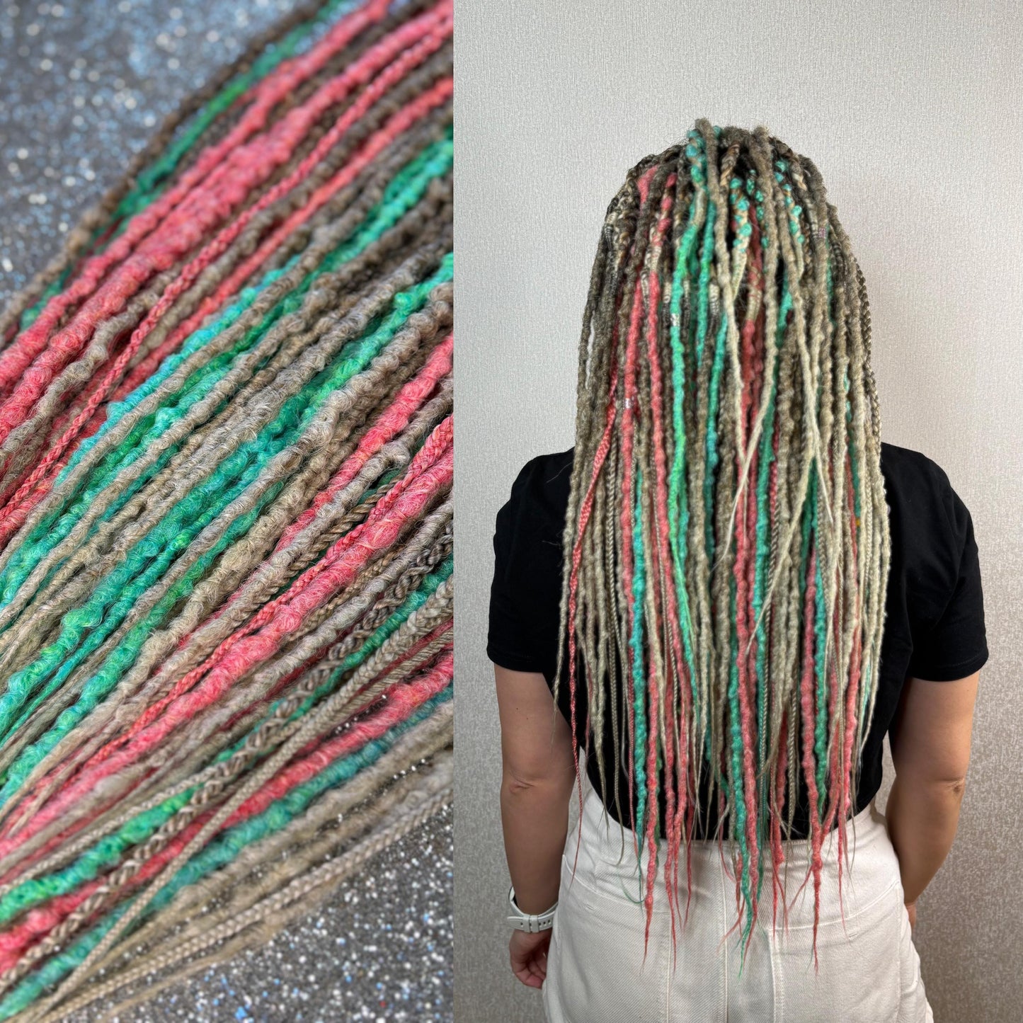 Synthetic Dreadlocks Sand Brown to Blonde Ombre with Coral and Mint