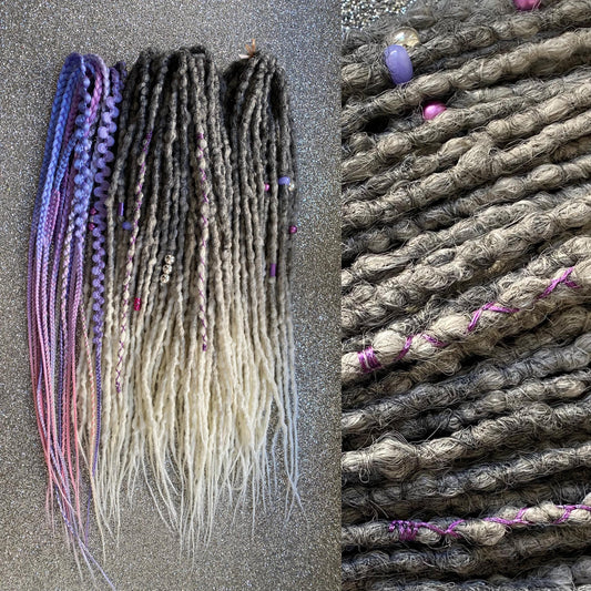 Synthetic Dreadlocks with Braids Gray to White Ombre Purple Accents