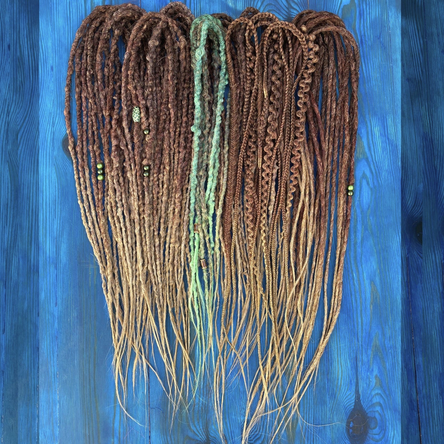 Brown Auburn Ombre Synthetic Dreadlocks with Green Accents