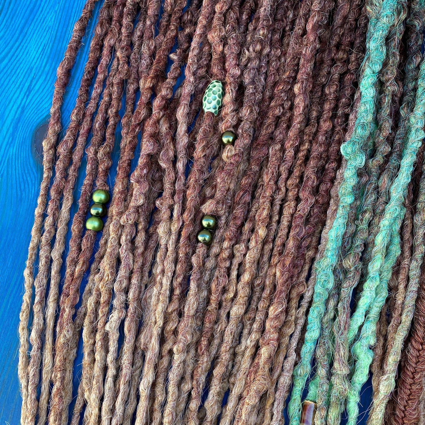 Brown Auburn Ombre Synthetic Dreadlocks with Green Accents