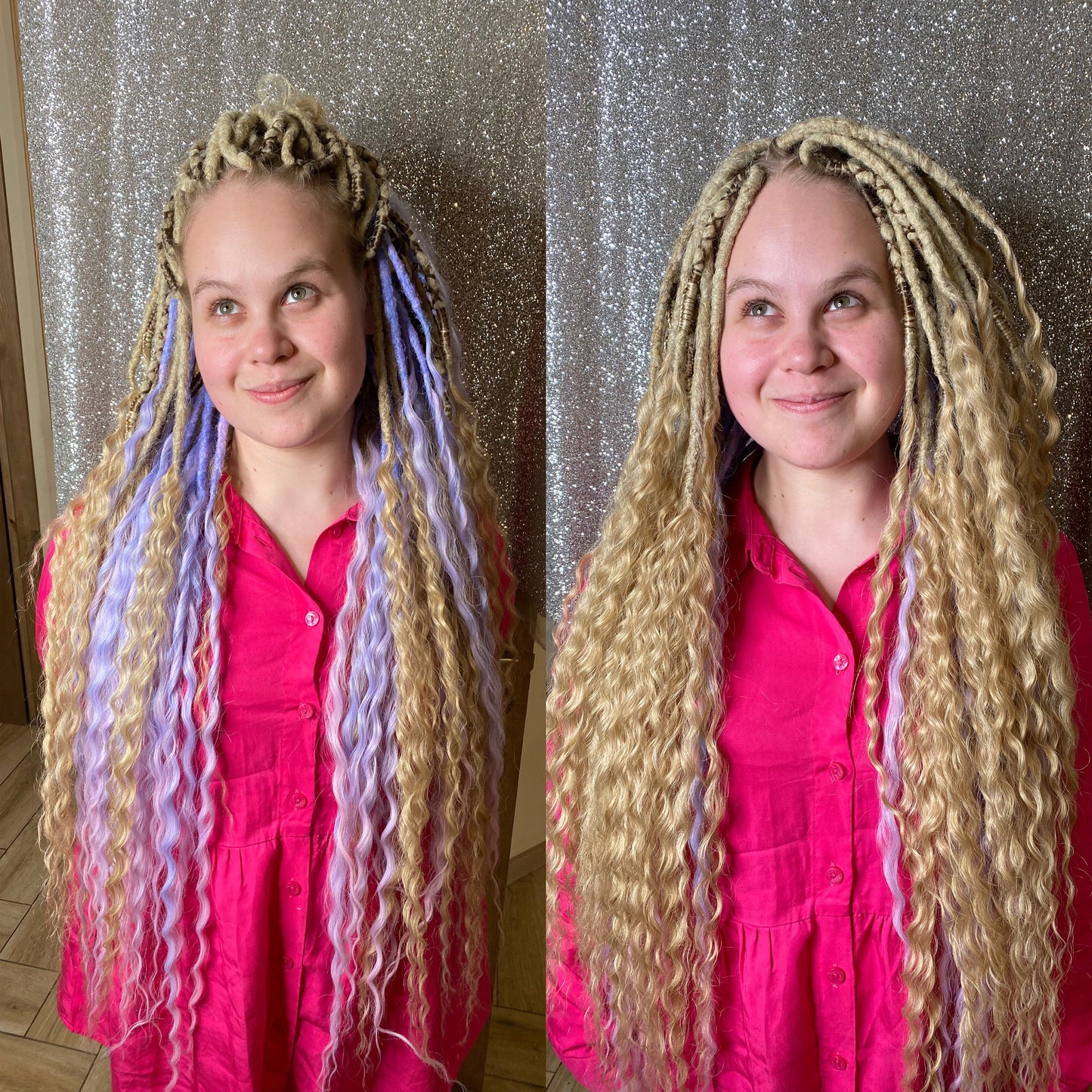 Blonde Curly Synthetic Dreadlocks with lilac and pink accents