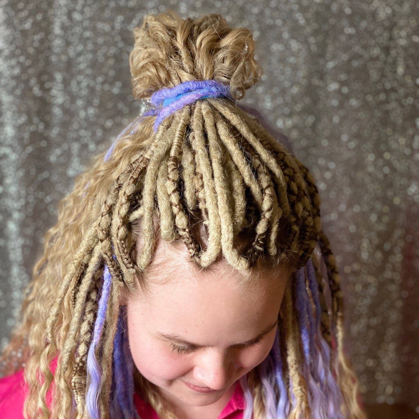 Blonde Curly Synthetic Dreadlocks with lilac and pink accents