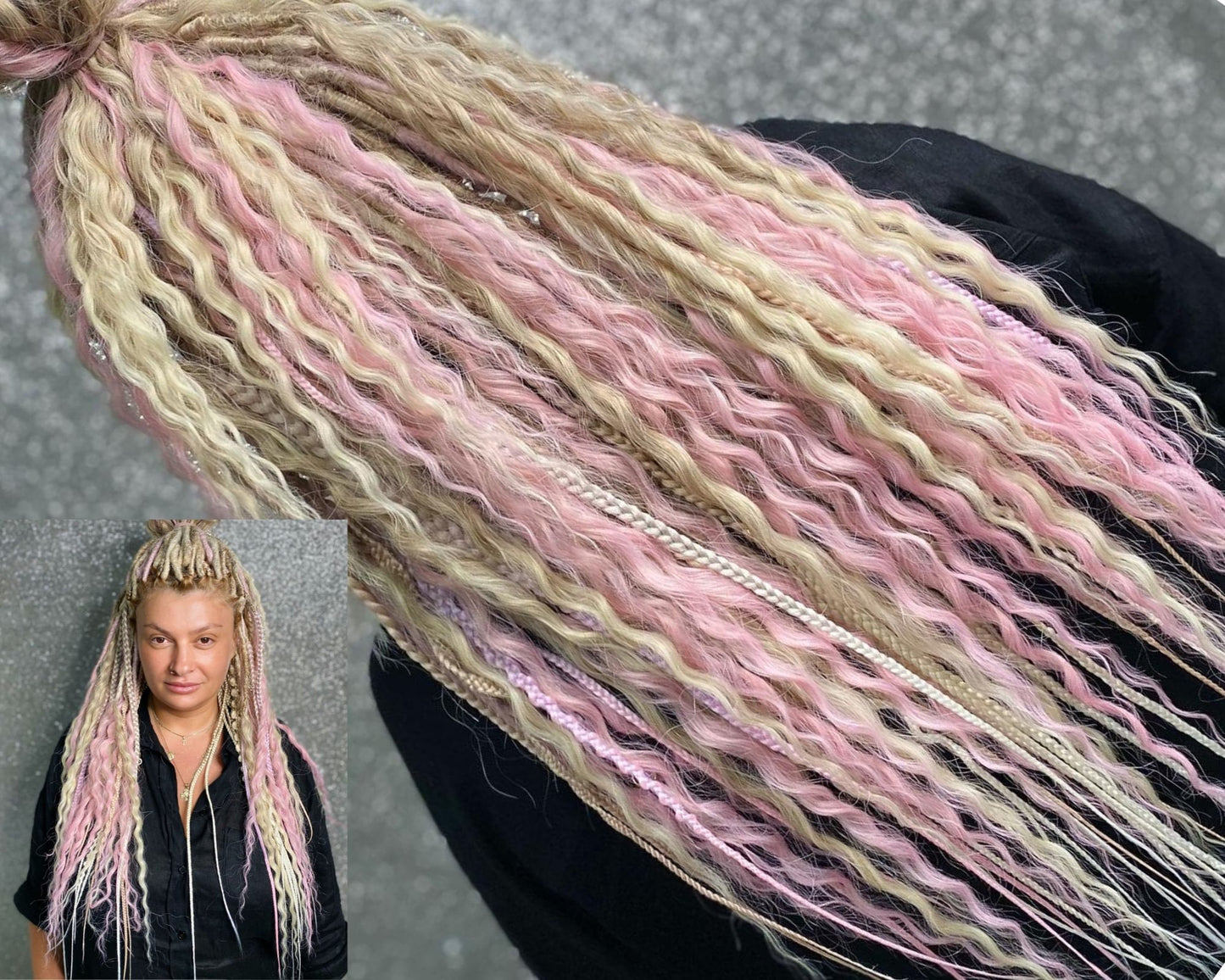 Blonde and Pink Synthetic Curly Dreadlocks