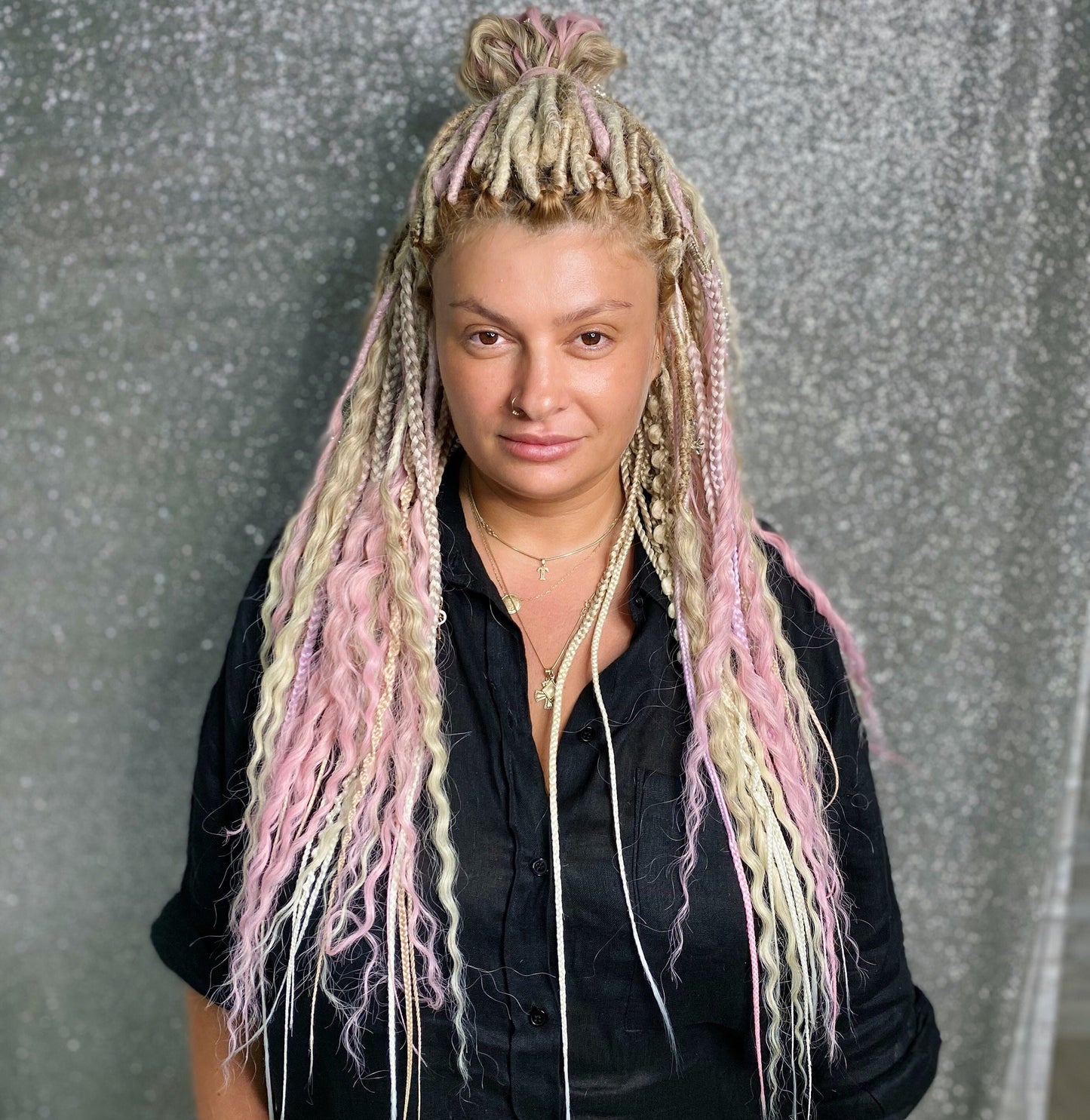 Blonde and Pink Synthetic Curly Dreadlocks