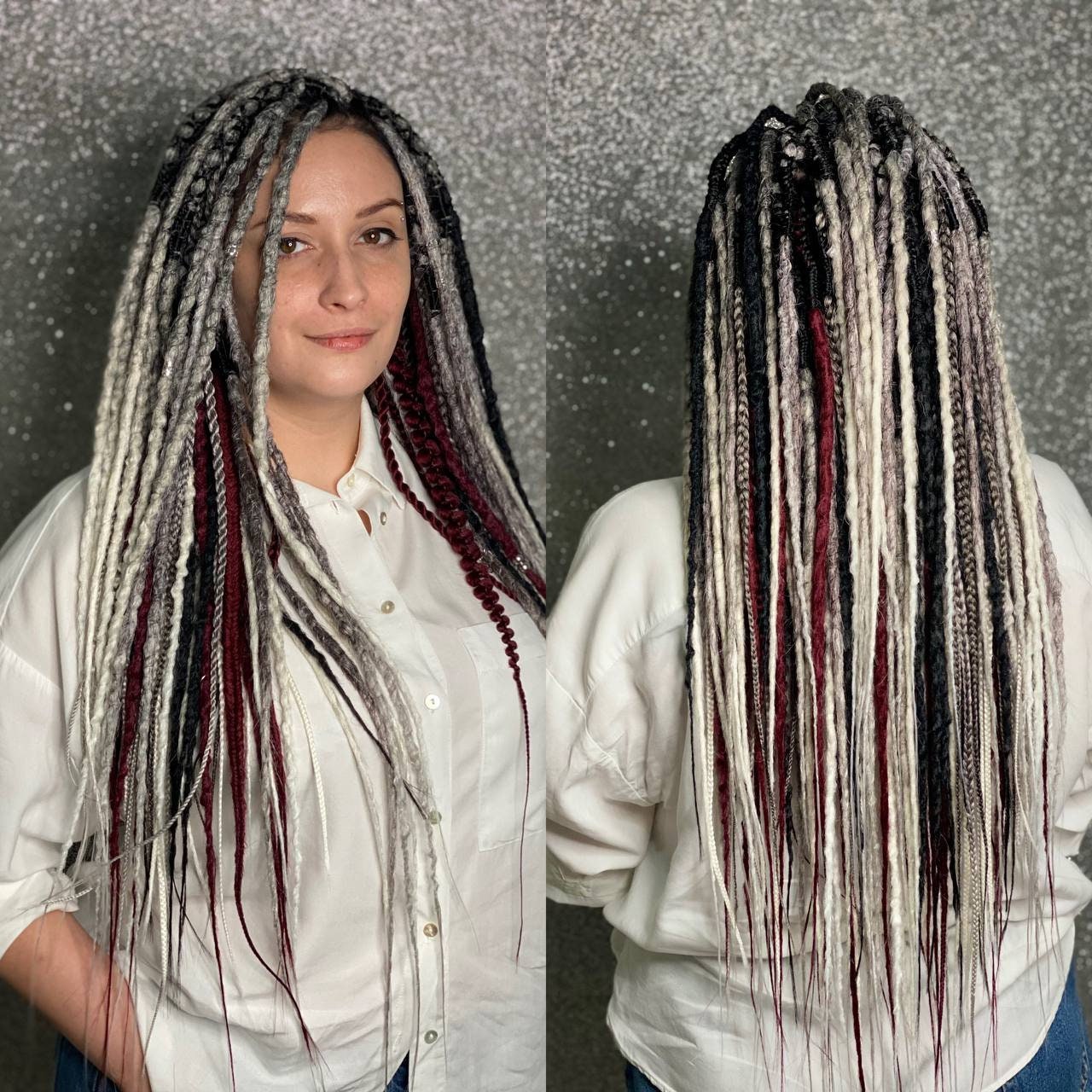 Gray and Burgundy Red mix Synthetic Dreadlocks