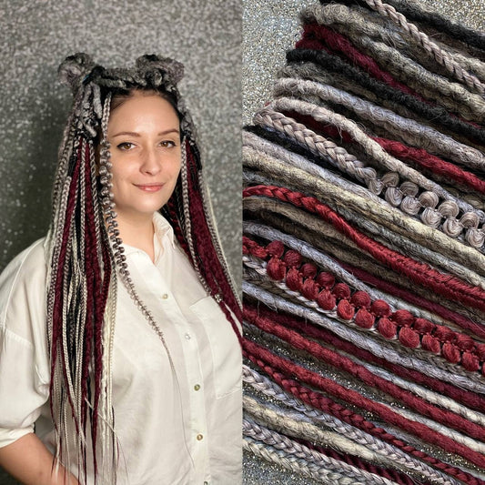 Gray and Burgundy Red mix Synthetic Dreadlocks