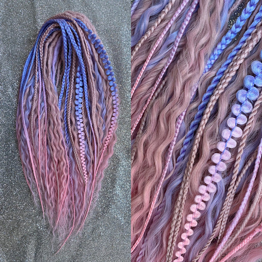 Dusty Pink and Blue Curly Dreadlocks